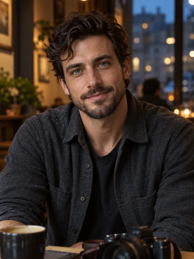 AI-created adult man with dark hair and a short beard in a charcoal overshirt