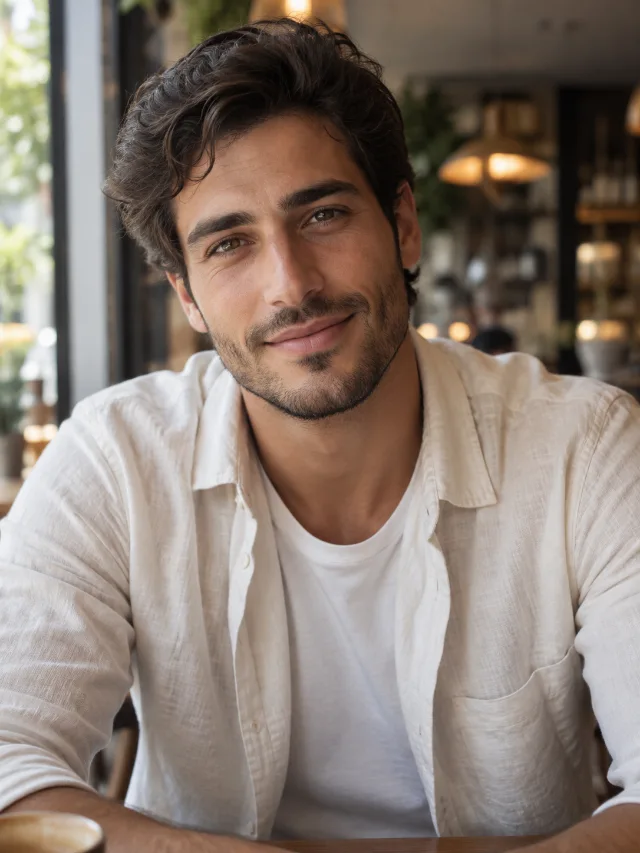 AI-created adult man in an ivory shirt smiling across a softly lit café table