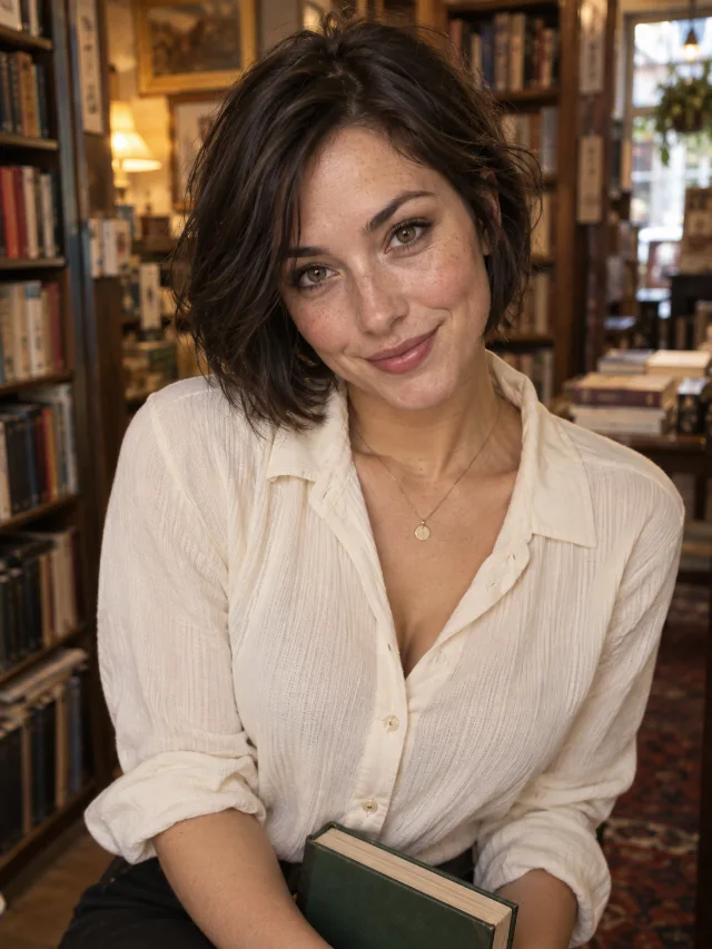 AI-created adult woman with a dark bob holding a book in a warmly lit bookshop